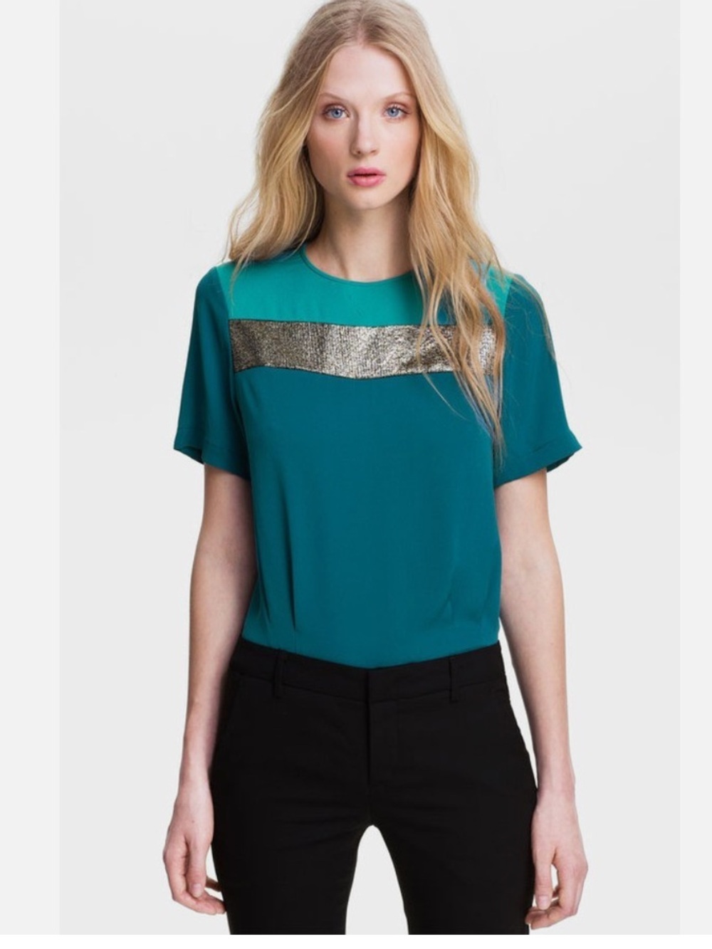 Diane Von Furstenberg Teal Silk Blouse with Gold Stripe